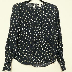 H&M Black blouse with yellow Floral Print Smocked Cuff Size 6